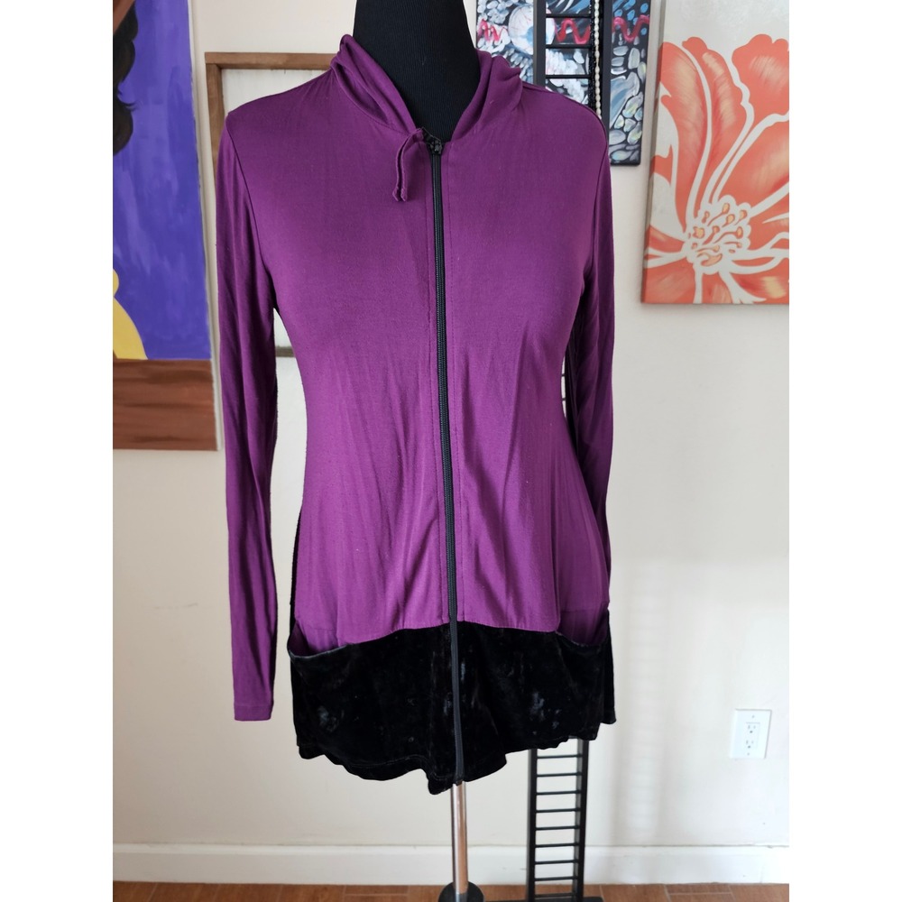 LOGO Lori Goldstein Purple Black Velvet Trim Zip Up Hoodie Small A282243